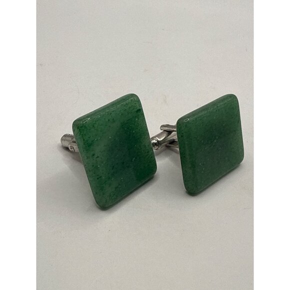 Vintage Green Resin Cufflinks Square Design Mens Jewelry Silver-Tone Backing - Picture 3 of 6